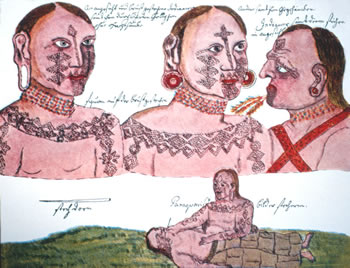 Mocoví body tattoos from the Argentinean Chaco (top). Mocoví woman tattooing a man (bottom), 1750. 