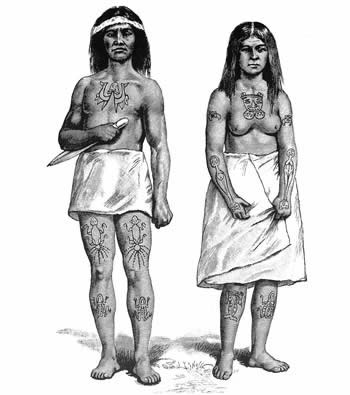 Haida couple with crest tattoos. After Swan (1886). On the man’s breast is a codfish split head to tail and laid open; on each thigh is an octopus, and below each knee is a frog. On the woman’s breast are the head and forepaws of a beaver; on each shoulder is the head of an eagle; on each arm is a halibut; on the right leg is a sculpin, and on the left is a frog.