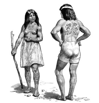 Haida couple with crest tattoos. After Swan (1886). Haida woman with bear’s head tattooed on breast, each shoulder adorned with head of an eagle. On her arms and legs are figures of the bear. Haida man with wolf spirit tattooed on back.