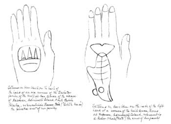 Tlingit women�s hand tattoos drawn by George T. Emmons at Angoon, Alaska, 1889. Emmon�s journal notes for these drawings read (from left to right): Tattooing in blue black, on the back of the hand of an old woman of the Dashetan family, of the Hootz-ah-tah Qwan, of the village of Angooan, Admiralty Island, representing a Raven's tail (Yehlh ku-ou) the phratal crest of her family. Tattooing in dark blue on the back of the left hand of a woman of the Kehk Qwan, living at Angooan, Admiralty Island, representing a killerwhale (Kete) the crest of her family.