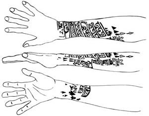 Chimú mummies with naturalistic and geometric tattooing, 1200 A.D. Drawing courtesy of Dr. Marvin Allison. 