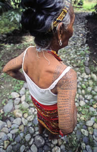 Beautiful fern design tattoos on the back of an elder Kalinga woman's arm - a centipede crawls across her shoulder. 