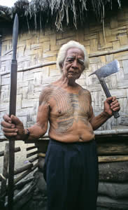 Jaime Alos, one the last tattooed warriors  of the Dananao Kalinga, displaying traditional headhunting weapons: the spear and head-ax. The designs in the center of his chest (bridging his sternum) were believed to block the pathway of his enemy. The protuberances arching outwards above his navel are the horns of the carabao; a symbol of a war leader. The V connecting the horns symbolizes victory he said.