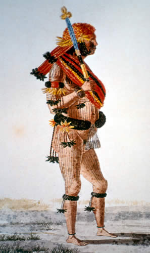 Mundurucú warrior in ceremonial attire, ca. 1828. Illustration by Hercules Florence.