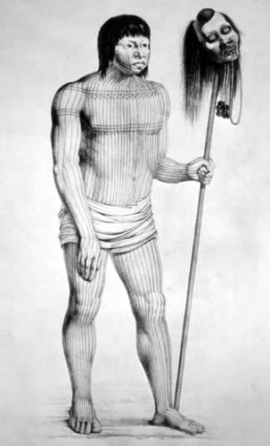 Mundurucú headhunter with trophy head, ca. 1817. Illustration by Johann Spix and Carl Martius.