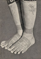 Foot tattoo of lower caste Dayak woman with abstract dragon motif on shin.