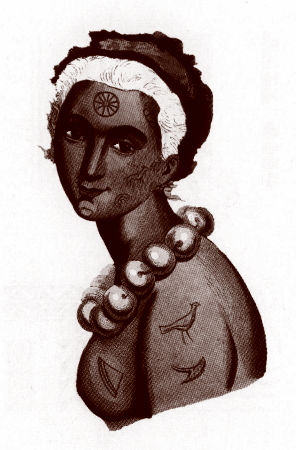 Image of a Hawaiian Queen showing her many tattoos