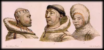 Inhabitants of St. Lawrence Island, ca. 1816, artist Louis Choris of the Otto von Kotzebue Expedition around the world (1815-1818) CLICK FOR LARGER IMAGE