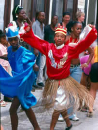 Santería street performance. This religion, based on saint worship and animism, is a fusion of Catholic and West African tribal beliefs that have been popular in Cuba for over 300 years.