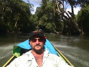 Thomas relaxes now as we head further up the Skrang River