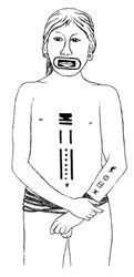 Early 20th century tattoo drawing depicting traditional Kayabi name glyphs on forearms