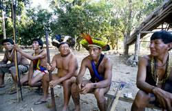 From right to left, shaman Tuiarajup, chief Jywapãn, elder Javari, aspiring tattooist Jemy,