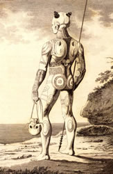 Heavily tattooed Marquesan toa of Nukuhiva with head trophy, 1813. Note the mata komoe design in the center of his back.