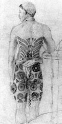 Rear view of a Tahitian man with elaborate tattooing, 1826.
