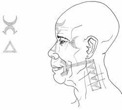 Tattooed Ntum Fang man with moon crescents on forehead