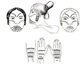 Inuit facial tattoos and hand, thigh tattoo designs
